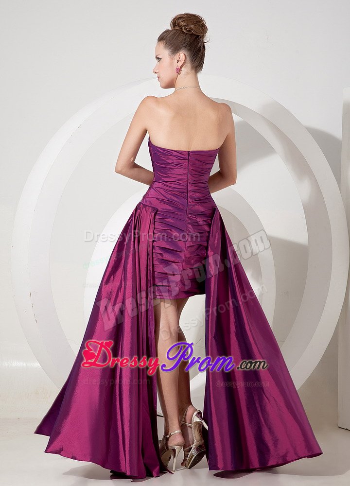 plus size Strapless Ruched Fuchsia Watteau Train Prom Dress