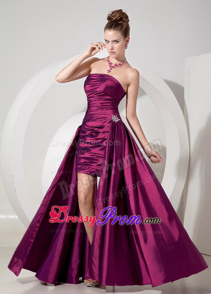 plus size Strapless Ruched Fuchsia Watteau Train Prom Dress