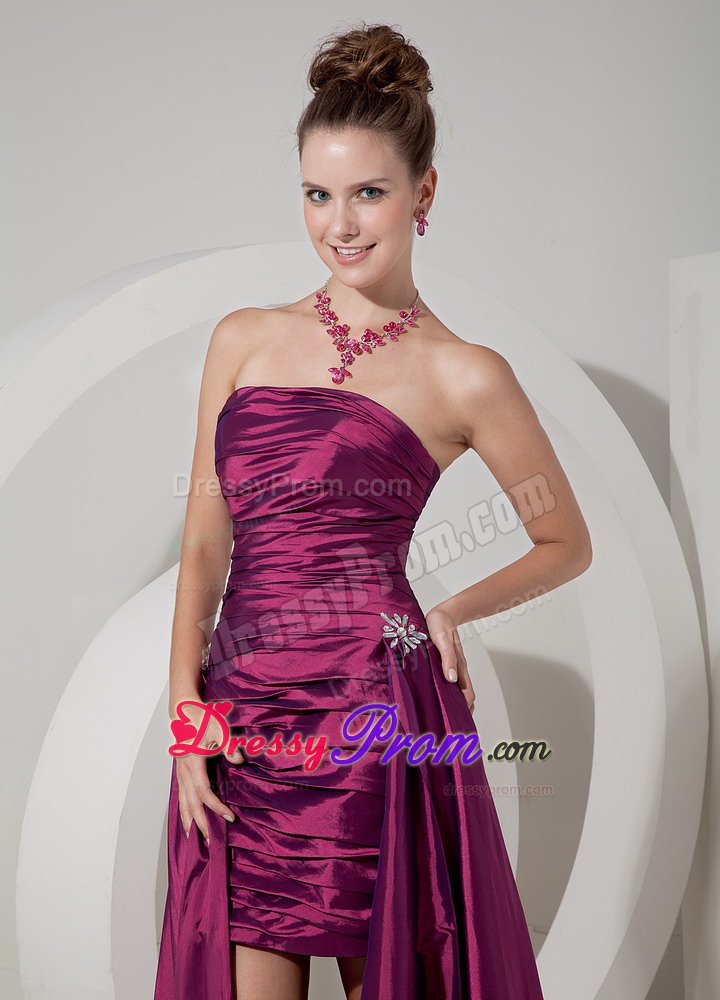 plus size Strapless Ruched Fuchsia Watteau Train Prom Dress