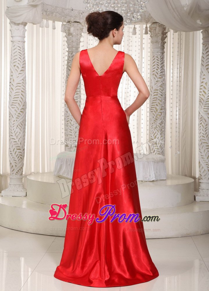Sexy V-neck High-low Red Elastic Wove Satin Dress for Prom