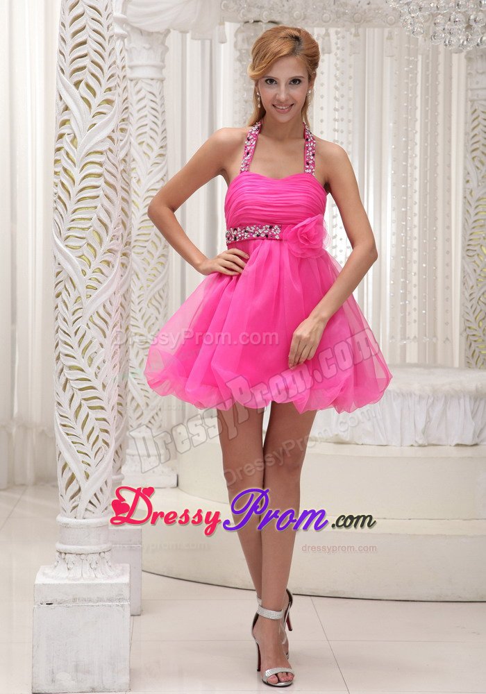 Halter Top Beaded Ruched Puffy Hot Pink Mini Dress for Prom