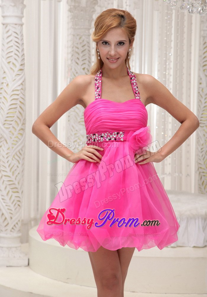 Halter Top Beaded Ruched Puffy Hot Pink Mini Dress for Prom