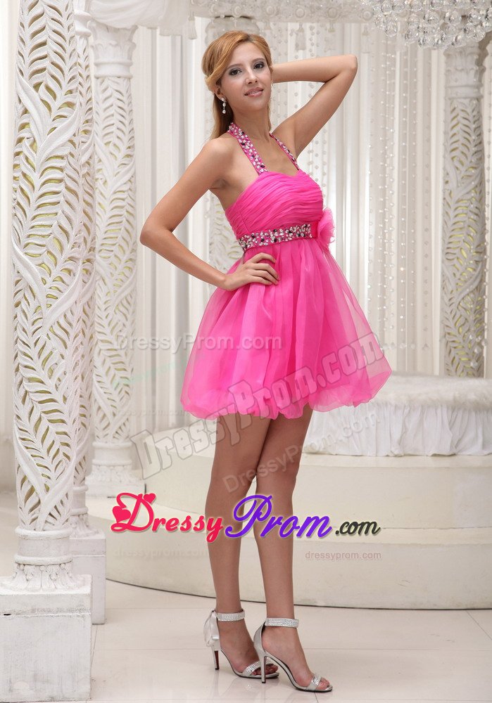 Halter Top Beaded Ruched Puffy Hot Pink Mini Dress for Prom