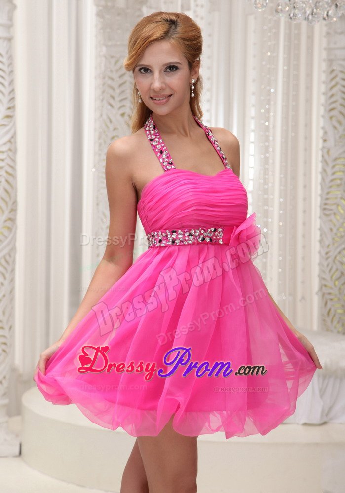 Halter Top Beaded Ruched Puffy Hot Pink Mini Dress for Prom