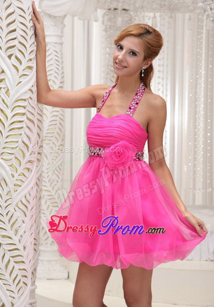 Halter Top Beaded Ruched Puffy Hot Pink Mini Dress for Prom