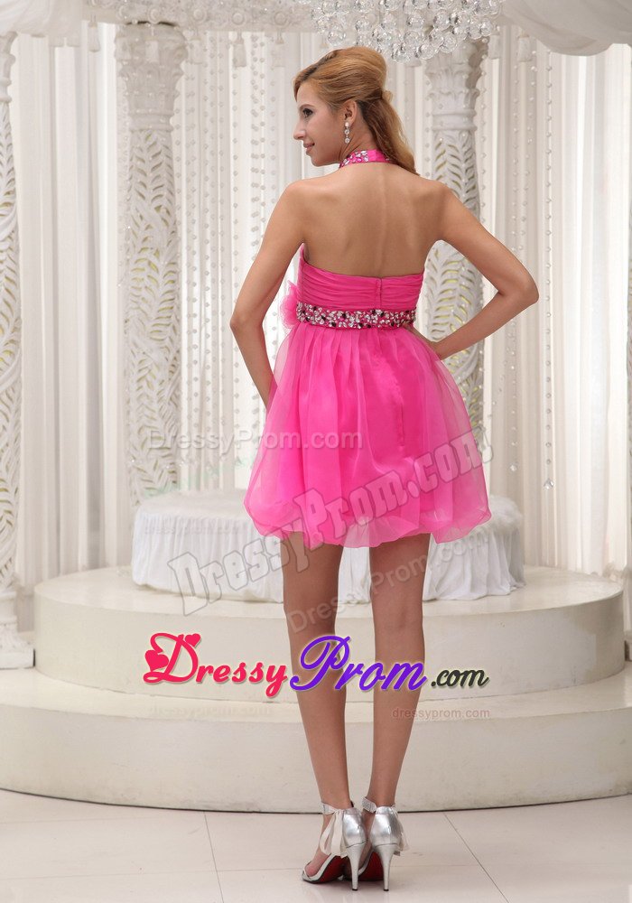 Halter Top Beaded Ruched Puffy Hot Pink Mini Dress for Prom