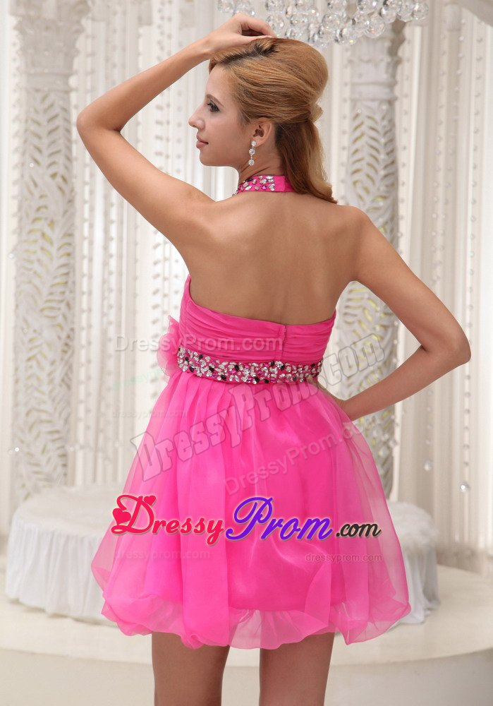 Halter Top Beaded Ruched Puffy Hot Pink Mini Dress for Prom