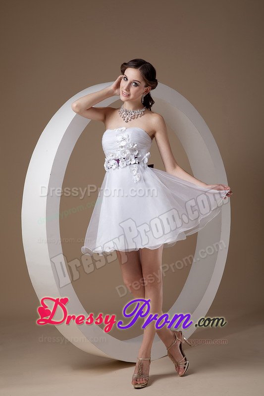 White Strapless Hand Made Flowers Organza Prom Bridesmaid Dress