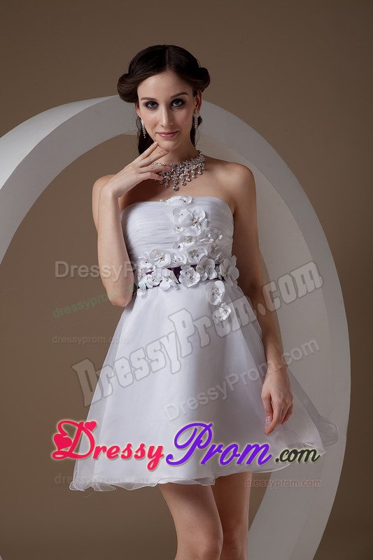 White Strapless Hand Made Flowers Organza Prom Bridesmaid Dress