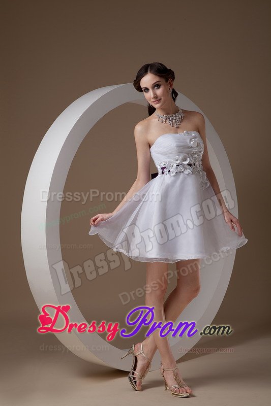 White Strapless Hand Made Flowers Organza Prom Bridesmaid Dress