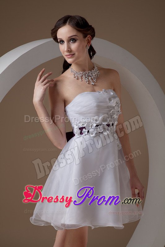 White Strapless Hand Made Flowers Organza Prom Bridesmaid Dress