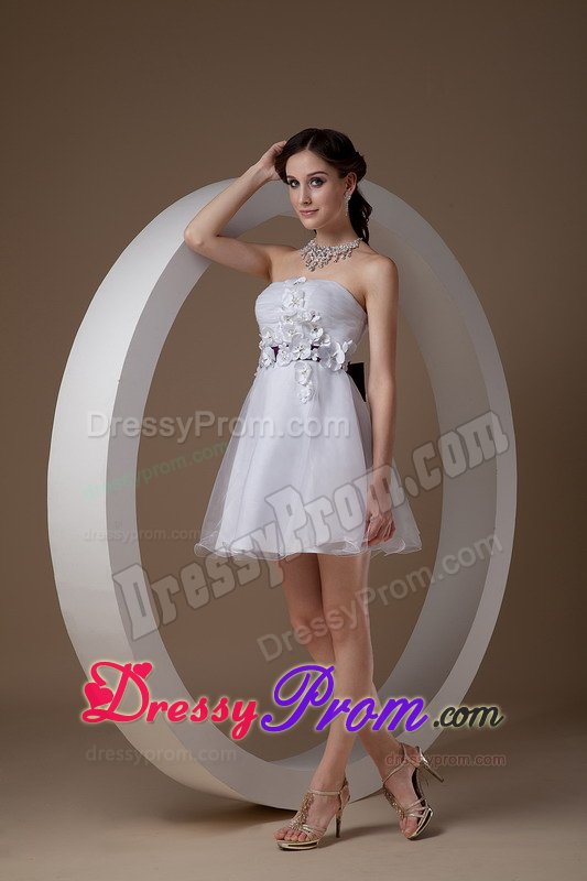 White Strapless Hand Made Flowers Organza Prom Bridesmaid Dress