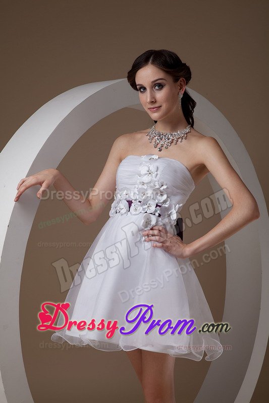White Strapless Hand Made Flowers Organza Prom Bridesmaid Dress