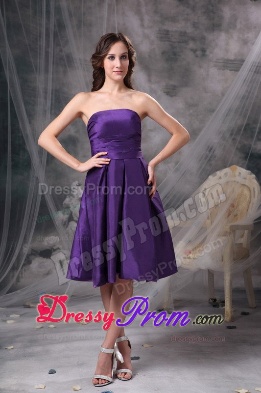 Strapless Purple Knee-length Taffeta Prom Dress with Bowknot in Back