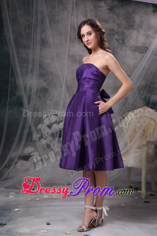 Strapless Purple Knee-length Taffeta Prom Dress with Bowknot in Back