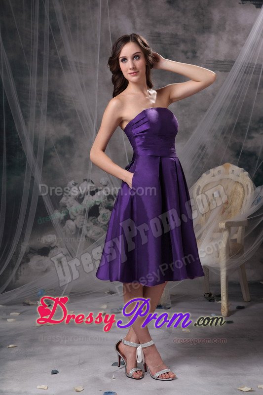 Strapless Purple Knee-length Taffeta Prom Dress with Bowknot in Back