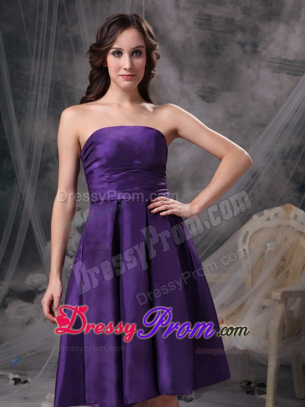 Strapless Purple Knee-length Taffeta Prom Dress with Bowknot in Back