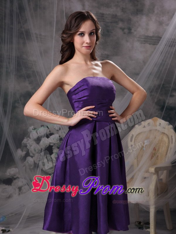 Strapless Purple Knee-length Taffeta Prom Dress with Bowknot in Back