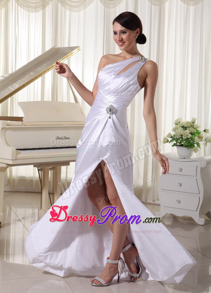 White one Shoulder Beaded Ruched Dress for Prom with Cutout
