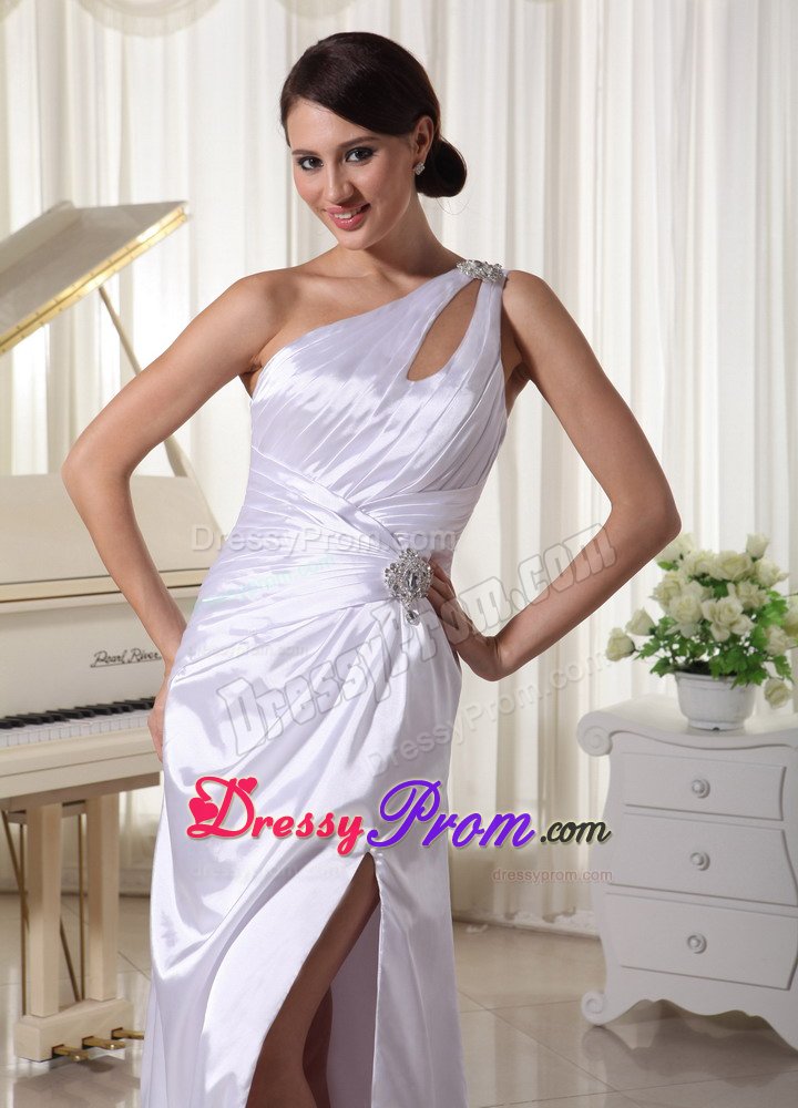 White one Shoulder Beaded Ruched Dress for Prom with Cutout