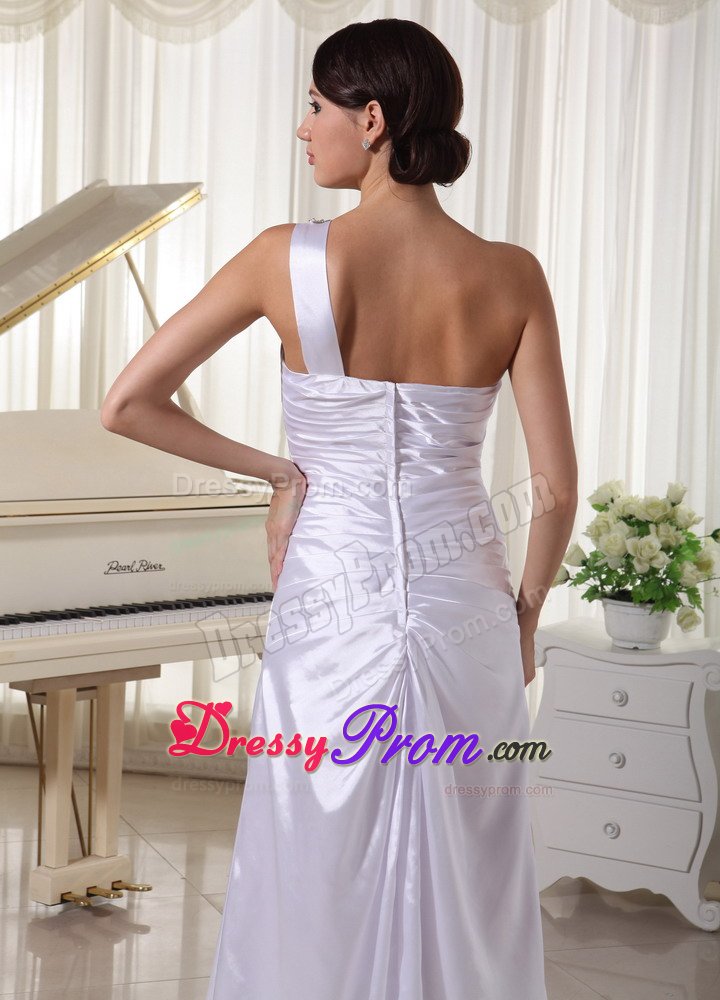White one Shoulder Beaded Ruched Dress for Prom with Cutout