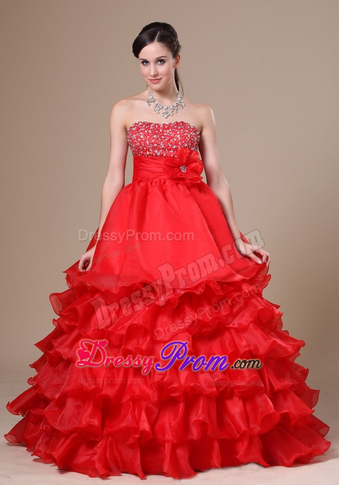 A-Line Strapless Beaded Ruffled Red Prom Dress on Discount