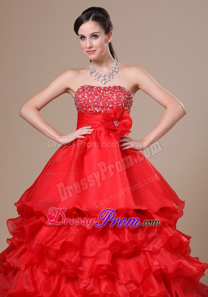 A-Line Strapless Beaded Ruffled Red Prom Dress on Discount