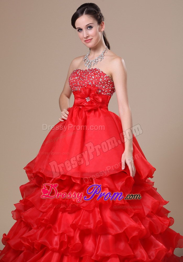 A-Line Strapless Beaded Ruffled Red Prom Dress on Discount