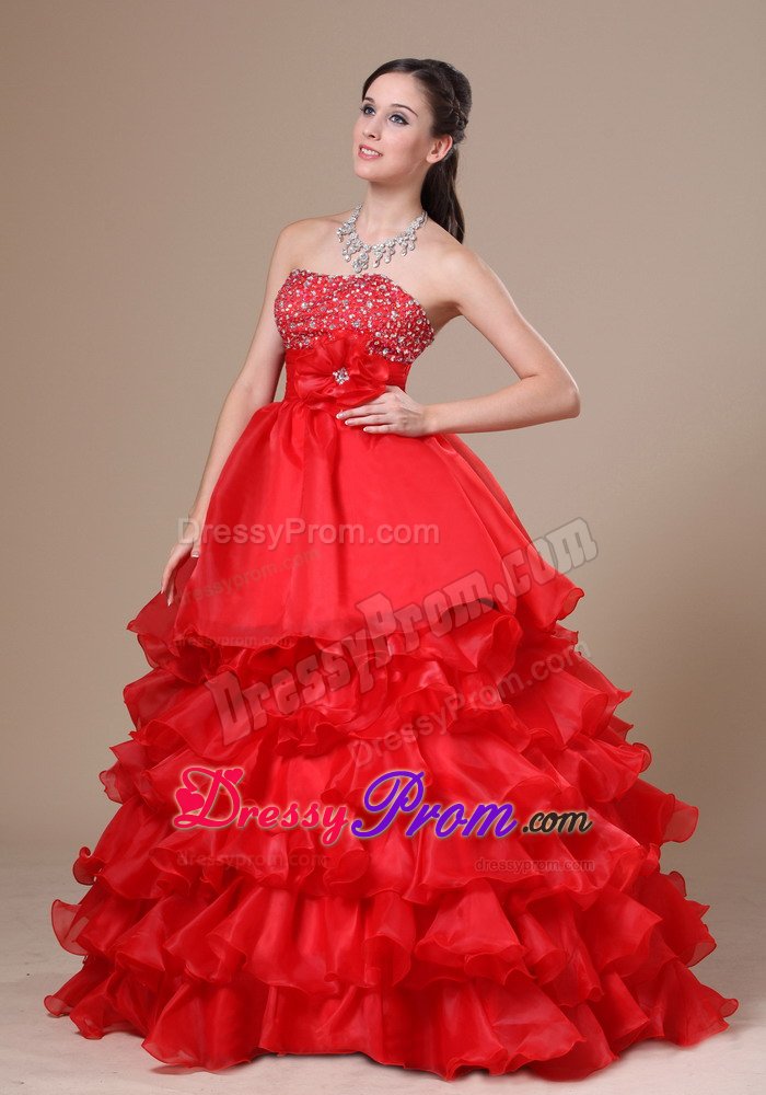 A-Line Strapless Beaded Ruffled Red Prom Dress on Discount