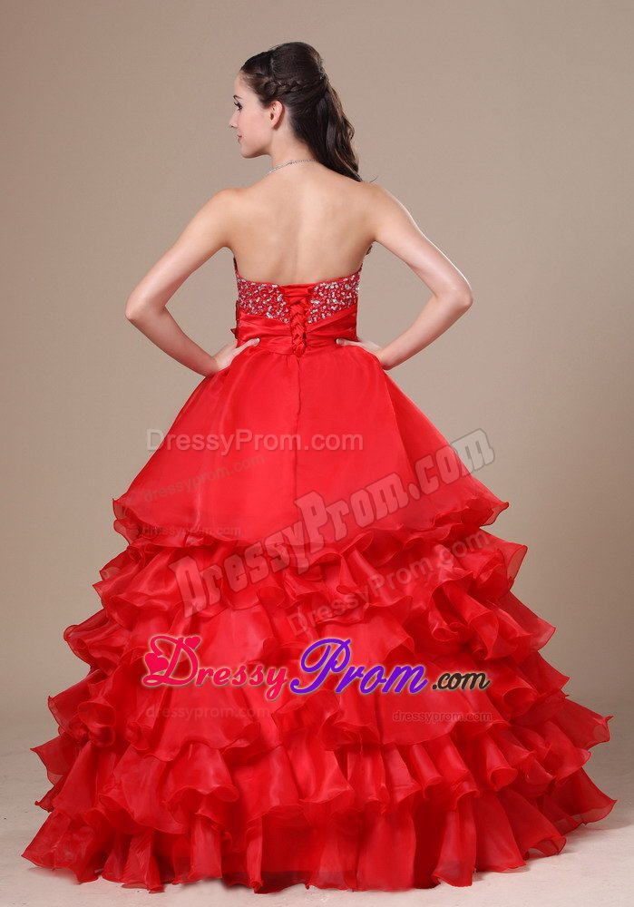 A-Line Strapless Beaded Ruffled Red Prom Dress on Discount