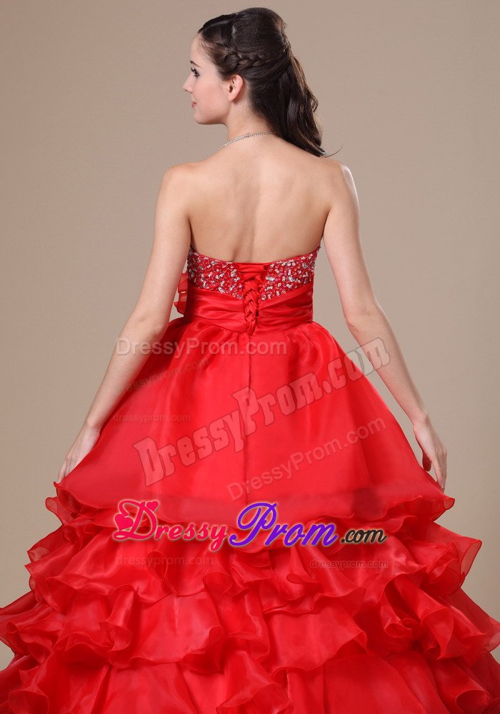 A-Line Strapless Beaded Ruffled Red Prom Dress on Discount