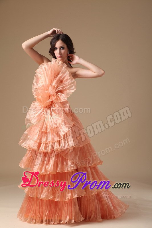Unique Orange Red Ruffled Layers Flower Brush Train Prom Dress