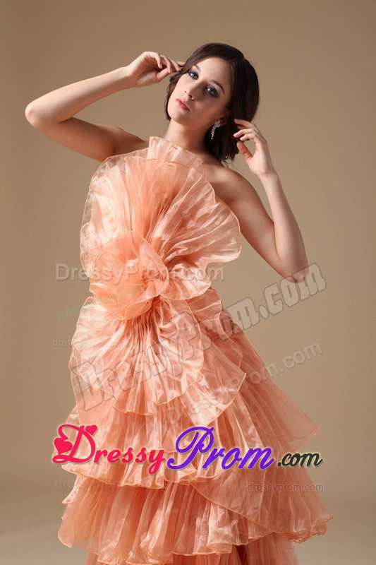 Unique Orange Red Ruffled Layers Flower Brush Train Prom Dress