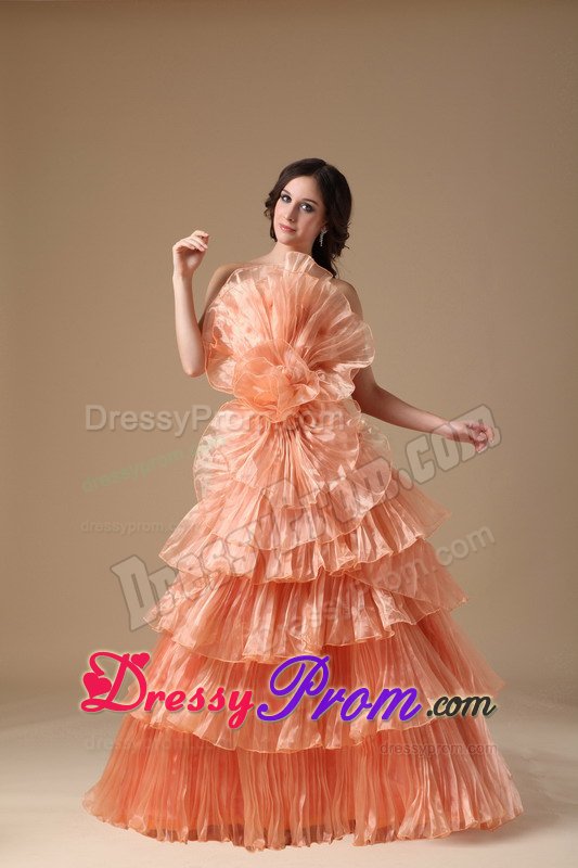 Unique Orange Red Ruffled Layers Flower Brush Train Prom Dress