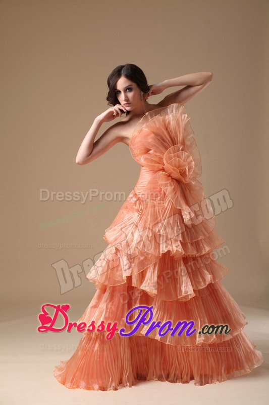 Unique Orange Red Ruffled Layers Flower Brush Train Prom Dress