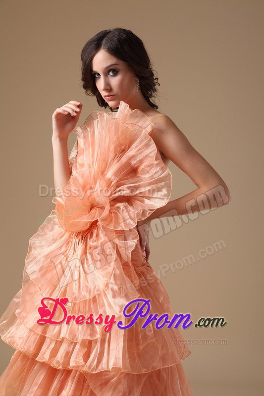 Unique Orange Red Ruffled Layers Flower Brush Train Prom Dress