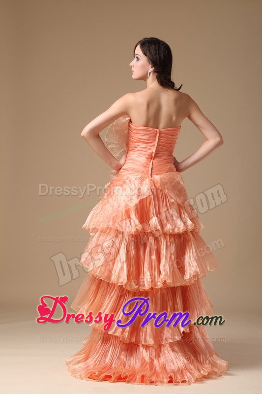 Unique Orange Red Ruffled Layers Flower Brush Train Prom Dress