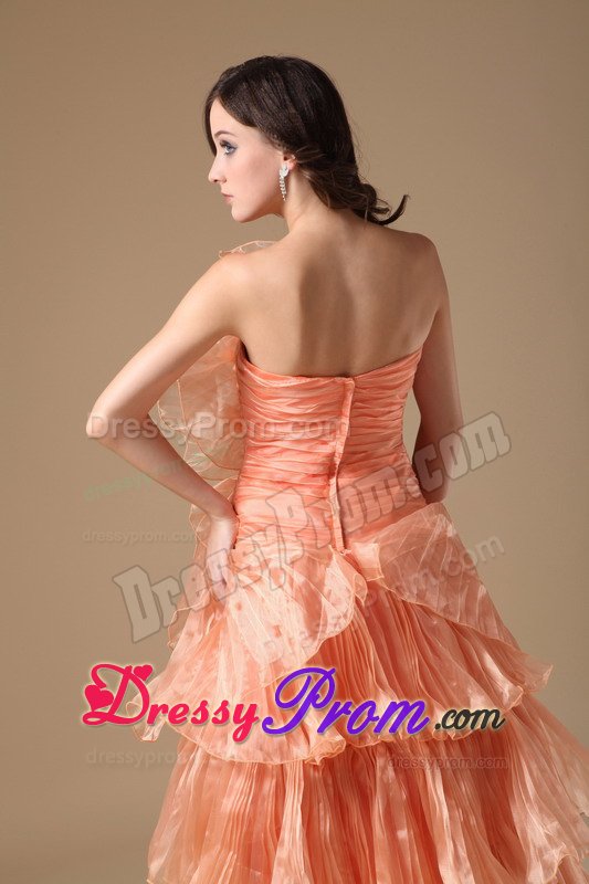 Unique Orange Red Ruffled Layers Flower Brush Train Prom Dress