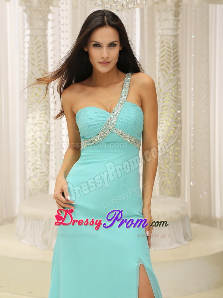 Aquamarine Slitted one Shoulder Beaded Long Prom Party Dress