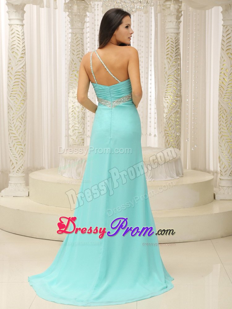 Aquamarine Slitted one Shoulder Beaded Long Prom Party Dress