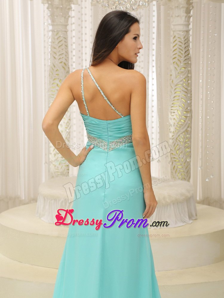 Aquamarine Slitted one Shoulder Beaded Long Prom Party Dress