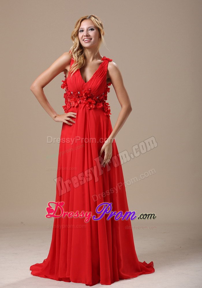 Column V-neck Brush Train Flowers Red Senior Prom Dress