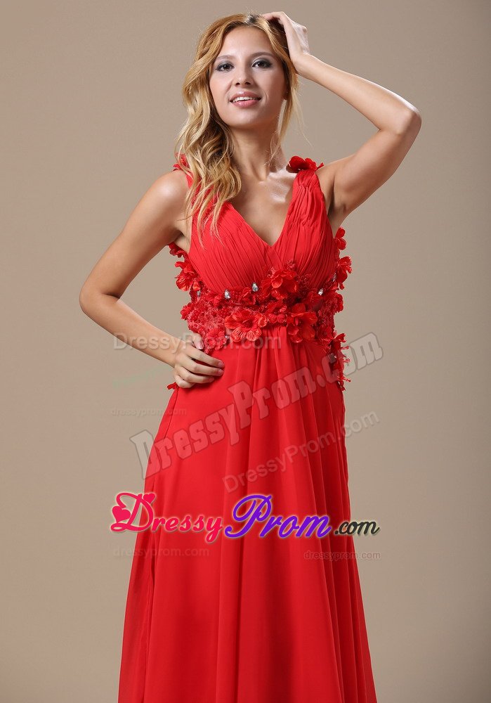 Column V-neck Brush Train Flowers Red Senior Prom Dress