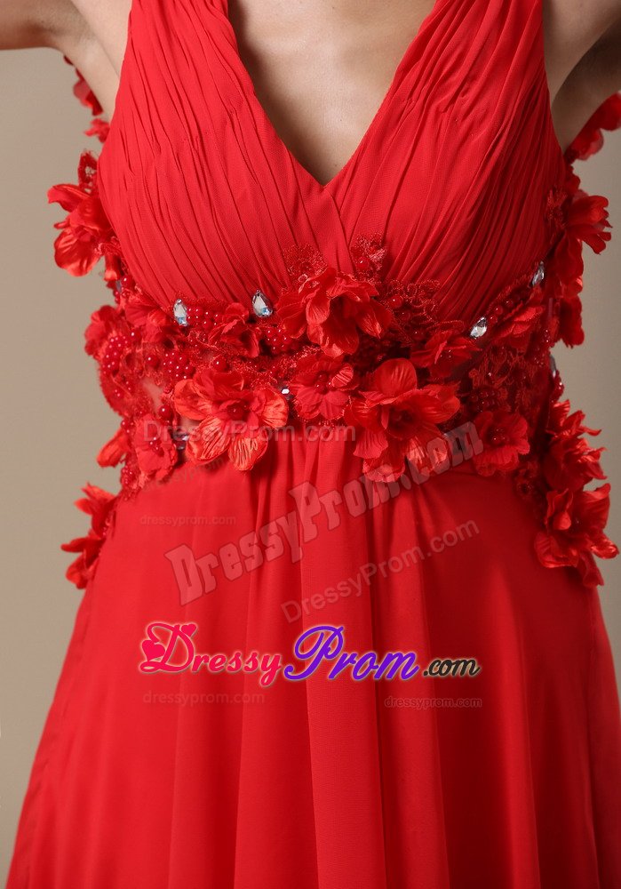 Column V-neck Brush Train Flowers Red Senior Prom Dress