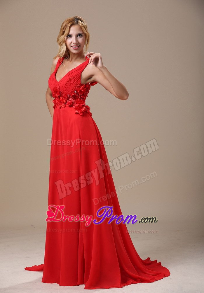 Column V-neck Brush Train Flowers Red Senior Prom Dress