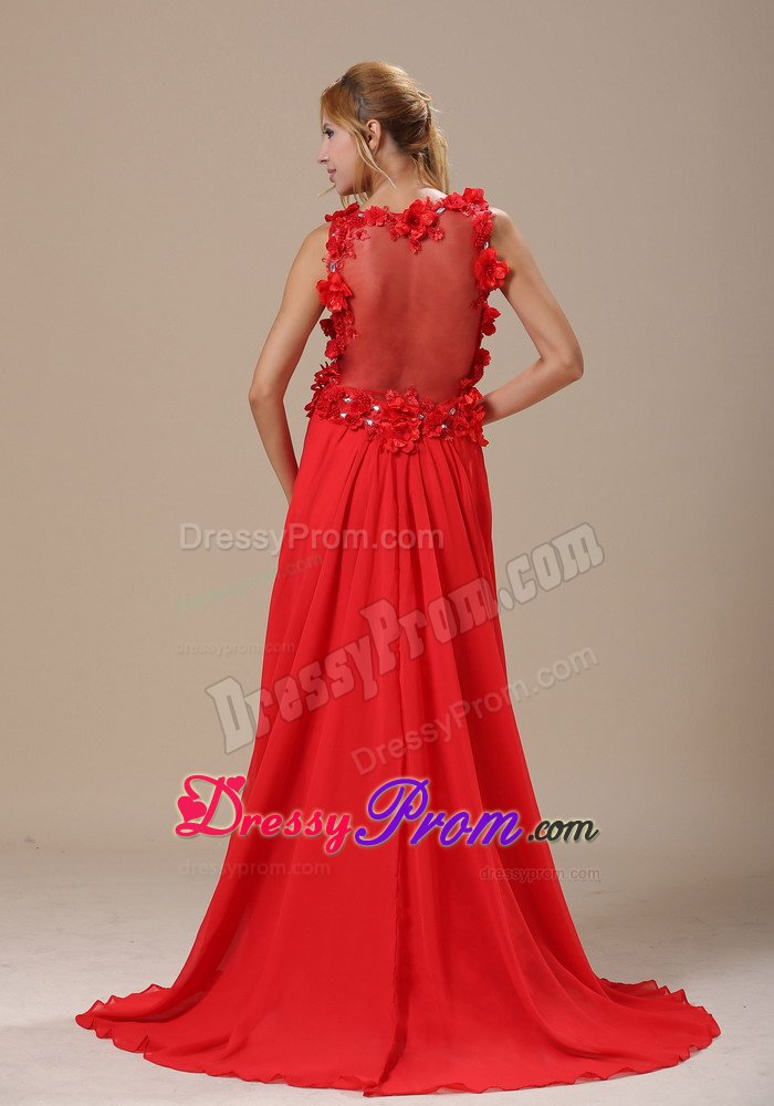 Column V-neck Brush Train Flowers Red Senior Prom Dress