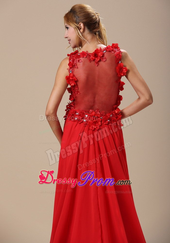 Column V-neck Brush Train Flowers Red Senior Prom Dress