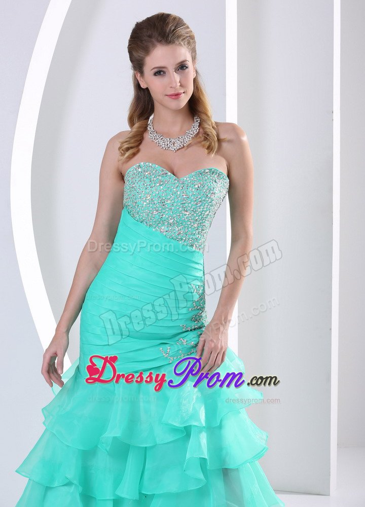 Mermaid Ruffled Layers Beaded Aquamarine Prom Dresses