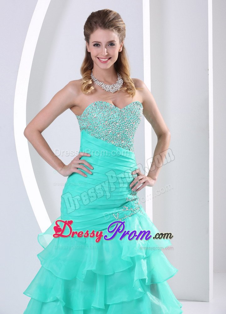 Mermaid Ruffled Layers Beaded Aquamarine Prom Dresses