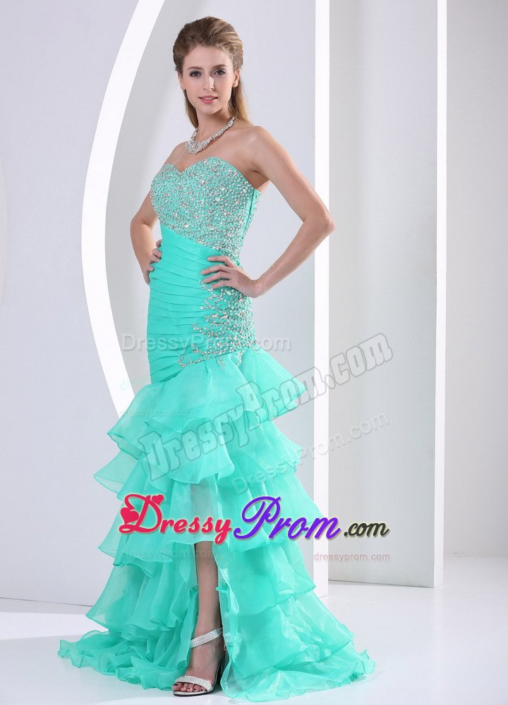 Mermaid Ruffled Layers Beaded Aquamarine Prom Dresses